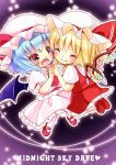  2girls ^_^ bat_wings blonde_hair blue_hair chibi closed_eyes fang flandre_scarlet gradient_eyes hat interlocked_fingers irori mary_janes mob_cap multicolored_eyes multiple_girls open_mouth remilia_scarlet shoes short_hair smile sparkle text touhou wings 
