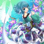  1girl blue_eyes blue_hair bubble fish floral_print hayabusa_koi head_fins highres japanese_clothes kimono long_sleeves looking_at_viewer mermaid monster_girl obi open_mouth sash smile solo touhou underwater wakasagihime wide_sleeves 