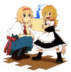  2girls age_difference alice_margatroid apron artist_request blonde_hair blue_eyes boots bow braid brown_eyes capelet hair_bow hat hat_removed head_rest headwear_removed kirisame_marisa long_hair multiple_girls open_mouth paper short_hair smile touhou white_background yellow_eyes younger 