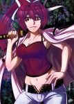  1girl breasts cleavage hair_intakes hair_ribbon hand_on_hip jacket_on_shoulders leafmonarch long_hair midriff navel open_fly over_shoulder ponytail purple_hair red_eyes ribbon sheath sheathed solo spaghetti_strap sword tank_top under_night_in-birth unzipped weapon weapon_over_shoulder yuzuriha_(under_night_in-birth) 