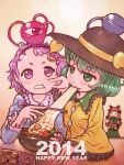  2014 3girls :3 blush food forehead green_eyes green_hair hairband hat heart kaenbyou_rin komeiji_koishi komeiji_satori mochi multiple_girls pink_hair reiuji_utsuho reiuji_utsuho_(bird) short_hair third_eye touhou violet_eyes wagashi yst 