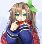  1girl blush brown_hair bust chocolate chocolate_heart coat fuji_kakei gift green_eyes hair_between_eyes hair_ribbon heart holding holding_gift if_(choujigen_game_neptune) long_hair long_sleeves looking_at_viewer neptune_(series) open_mouth plaid plaid_scarf ribbon scarf side_ponytail snowing solo tsurime valentine 