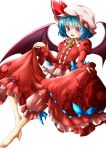 1girl barefoot bat_wings bloomers blue_hair blush curtsey fang flat_chest hat highres long_sleeves puffy_long_sleeves puffy_sleeves red_eyes red_skirt remilia_scarlet samuimu short_hair skirt skirt_set solo toes touhou underwear white_background wings 