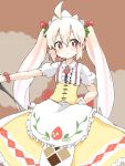  1girl ahoge exrail food food_themed_clothes fruit hair_ornament holding long_hair looking_at_viewer maid maid_headdress original pink_eyes pink_hair smile solo strawberry twintails 