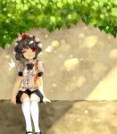  1girl ;d bow hat hillly_(maiwetea) leaf looking_at_viewer one_eye_closed open_mouth pom_pom_(clothes) red_eyes shameimaru_aya short_hair sitting smile solo tokin_hat touhou white_legwear 