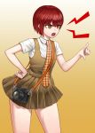  1girl angry bob_cut brown_eyes camera dangan_ronpa dress_shirt freckles furrowed_eyebrows gonoike_biwa gradient gradient_background koizumi_mahiru necktie open_mouth plaid plaid_necktie pointing redhead school_uniform shirt short_hair shouting skirt solo super_dangan_ronpa_2 thighs 