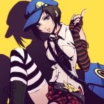  1girl bag belt black_eyes brown_hair elbow_gloves fingerless_gloves gloves hat ilya_kuvshinov marie_(persona_4) necktie persona persona_4 persona_4_the_golden plaid plaid_skirt short_hair shoulder_bag skirt sleeveless solo striped striped_legwear thigh-highs 