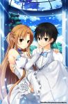  1boy 1girl asuna_(sao) black_eyes black_hair bridal_gauntlets brown_eyes brown_hair carrying couple dress ear_covers kaho_okashii kirito long_hair pointy_ears princess_carry short_hair sword_art_online titania_(sao) tuxedo wedding_dress yuuki_asuna 