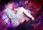  1girl 2girls blood blurry chiaki_kou fetal_position from_above hairband hands highres komeiji_koishi komeiji_satori long_sleeves looking_at_viewer lying multiple_girls on_side partially_submerged petals pink_eyes pink_hair shirt siblings sisters skirt third_eye tile_floor tiles touhou water wide_sleeves 