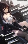  1girl :/ artist_name bare_shoulders black_eyes black_hair blurry breasts cleavage depth_of_field dutch_angle highres looking_at_viewer navel original shorts sitting sketch solo swd3e2 thigh-highs turret zettai_ryouiki 