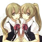  2girls ;d brown_eyes brown_hair cheek-to-cheek hijiri_(resetter) long_hair looking_at_viewer multiple_girls one_eye_closed open_mouth original parted_lips ponytail school_uniform smile twintails 