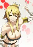  1girl akame_ga_kill! bare_shoulders blonde_hair breasts cleavage detached_sleeves grin highres large_breasts leone mattari_yufi navel one_eye_closed payot smile solo yellow_eyes 