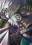  1boy abs beard chest_hair dark_skin facial_hair leafmonarch muscle no_pupils red_eyes shirtless solo under_night_in-birth waldstein white_hair 