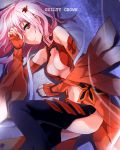  1girl absurdres bare_shoulders black_legwear blush breasts center_opening cleavage covering_one_eye detached_sleeves elbow_gloves fingerless_gloves gloves guilty_crown hair_ornament hairclip highres koppeosechi long_hair looking_at_viewer navel pink_hair red_eyes solo thigh-highs twintails yuzuriha_inori 