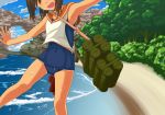  1girl beach brown_hair head_out_of_frame i-401_(kantai_collection) kantai_collection mueojisan ocean open_mouth outstretched_arms sailor_collar school_uniform solo spread_arms tan tanline water 