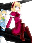  &gt;:/ 1girl alice_margatroid alternate_costume bespectacled blonde_hair blue_eyes candy glasses hair_ornament hairband hillly_(maiwetea) lolita_hairband lollipop long_hair long_sleeves looking_at_viewer mouth_hold shanghai_doll short_hair sitting touhou 