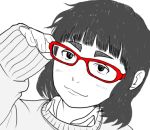  1girl adjusting_glasses glasses lowres naberyou oshiete!_gyaru-ko-chan ota-ko_(gyaru-ko) red-framed_glasses short_hair sleeves_past_wrists smile solo spot_color sweater 