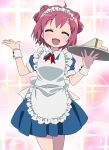  1girl :d ^_^ ahoge akaza_akari apron closed_eyes double_bun hair_bun maid maid_headdress open_mouth redhead sandwich smile solo tonbi tray wrist_cuffs yuru_yuri 