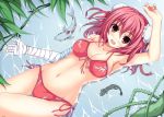  1girl alternate_costume bandages bikini blush breasts bun_cover chitosy cleavage double_bun fish flower front-tie_top ibaraki_kasen large_breasts mound_of_venus navel open_mouth partially_submerged pink_hair red_eyes salamander short_hair side-tie_bikini smile solo swimsuit touhou 