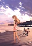  1girl beach bicycle blue_eyes brown_hair katou_akatsuki morning_on_earth sandals 