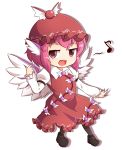  1girl :d feathered_wings hat highres looking_at_viewer musical_note mystia_lorelei open_mouth pink_eyes pink_hair short_hair simple_background smile solo touhou white_background wings wool_(miwol) 