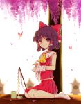  1girl :/ ascot black_eyes black_hair bow cup food hair_bow hair_ornament hair_ribbon hair_tubes hakurei_reimu hillly_(maiwetea) looking_at_viewer mochi petals ribbon sarashi short_hair sitting solo teacup touhou tray wagashi 