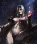  1girl agnidevi armor bikini_armor breasts fantasy highres large_breasts magic original red_eyes short_hair silver_hair solo tiara witch 