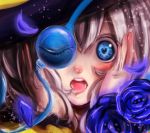  absurdres amegnco3 blue_rose close-up eyelashes face flower hands_on_own_face hat heart heart-shaped_pupils highres komeiji_koishi lips long_sleeves looking_at_viewer one_eye_covered open_mouth petals portrait rose silver_hair symbol-shaped_pupils third_eye touhou 