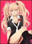  1girl dangan_ronpa enoshima_junko hinase_kei long_hair necktie pink_background pink_hair ribbon simple_background skirt smile solo spoilers tongue twintails violet_eyes 