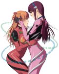  2girls blush glass hair_ornament hands_on_another&#039;s_cheeks hands_on_another&#039;s_face hands_on_another&#039;s_hips hug light_brown_hair long_hair makinami_mari_illustrious multiple_girls neon_genesis_evangelion open_mouth plugsuit purple_hair rebuild_of_evangelion shikinami_asuka_langley souryuu_asuka_langley uri watanabe_yasuaki wife_and_wife 