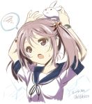  1girl akazawa_red animal_on_head artist_name bust dated hair_bobbles hair_ornament half_updo head_tilt kantai_collection outstretched_arms pink_eyes pink_hair rabbit raised_hand sazanami_(kantai_collection) school_uniform serafuku short_hair short_sleeves sketch solo spoken_squiggle squiggle sweatdrop tareme twintails white_background 