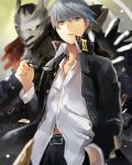  1boy black-framed_glasses blurry depth_of_field efe glasses glasses_removed grey_eyes grey_hair hand_in_pocket houndstooth izanagi jacket looking_at_viewer narukami_yuu open_clothes open_jacket persona persona_4 school_uniform short_hair 