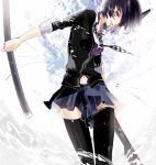  1girl alyssa718 black_hair black_legwear checkered_necktie eyepatch headgear kantai_collection navel necktie scabbard sheath skirt smile solo sweater sword tenryuu_(kantai_collection) thigh-highs weapon yellow_eyes 