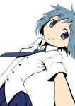  1girl blue_eyes blue_hair buttons dress_shirt mahou_shoujo_madoka_magica miki_sayaka necktie shirt short_hair simple_background skirt smile solo white_background yukimura_kaname 