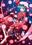  1girl barefoot bat_wings bloomers blue_hair blush curtsey fang flat_chest hat highres long_sleeves puffy_long_sleeves puffy_sleeves red_eyes red_skirt remilia_scarlet samuimu short_hair skirt skirt_set solo toes touhou underwear wings 
