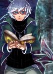  1boy book chaos_(under_night_in-birth) glasses green_eyes leafmonarch looking_at_viewer open_book red-framed_glasses ribbed_sweater short_hair solo sweater white_hair 