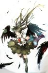  1girl black_hair black_wings blurry closed_eyes depth_of_field feathered_wings feathers gorilla_(bun0615) hair_ornament highres light_particles long_hair reiuji_utsuho simple_background solo touhou white_background wind wings 