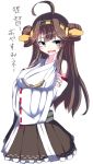  1girl ahoge bare_shoulders breast_hold breasts brown_hair double_bun grey_eyes hairband kantai_collection kongou_(kantai_collection) long_hair nontraditional_miko open_mouth smile solo tenken_(gotannda) translation_request 