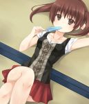  1girl arm_behind_head brown_eyes brown_hair casual clannad collarbone holding kanako looking_at_viewer lying pleated_skirt popsicle satou_aoi skirt solo tatami tomoyo_after twintails 