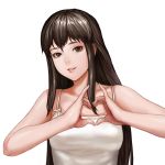  1girl bare_shoulders brown_eyes brown_hair bust fingernails heart heart_hands lieqi_hun long_fingernails long_hair looking_at_viewer original payot simple_background solo white_background 