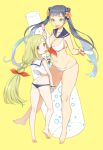  2girls ass bare_legs bare_shoulders barefoot bikini black_hair black_panties blonde_hair breasts brown_eyes butt_crack cleavage double_bun flat_chest flower food from_behind full_body hair_flower hair_ornament ice_cream large_breasts long_hair looking_back mimizubare multiple_girls navel panties sailor_collar simple_background swimsuit tongue tongue_out twintails underwear very_long_hair white_bikini white_swimsuit yellow_background yellow_eyes 