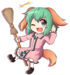  1girl :3 ;d animal_ears broom dog_ears dog_tail fang green_eyes green_hair highres holding kasodani_kyouko one_eye_closed open_mouth shoes short_hair simple_background smile solo tail touhou white_background wool_(miwol) 