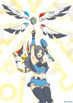 1girl armpits black_hair fingerless_gloves gloves green_eyes hair_ornament highres irelia league_of_legends long_hair looking_at_viewer midriff navel open_mouth police police_uniform solo star thigh-highs trombe uniform 