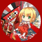  1girl blonde_hair chibi exrail green_eyes holding japanese_clothes lampion looking_at_viewer miko oriental_umbrella original parted_lips round_image short_hair solo torii umbrella 