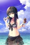  1girl beach bikini bikini_skirt black_hair brown_eyes food ice_cream licking mikkii original swimsuit 