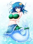  1girl adapted_costume bikini_top blue_eyes blue_hair breast_lift breasts bubble crossed_arms fish floral_print hair_ornament head_fins highres large_breasts looking_at_viewer mermaid midriff monster_girl navel open_mouth osashin_(osada) skirt solo speech_bubble tail_bow touhou underwater wakasagihime 