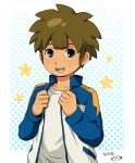  1boy blue_eyes brown_hair bust character_name inazuma_eleven inazuma_eleven_(series) inazuma_japan jacket male mizuhara_aki open_clothes open_jacket open_mouth raimon short_hair solo tachimukai_yuuki track_jacket 