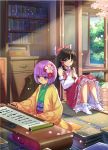  2girls black_hair book book_hug book_stack bookshelf bow calligraphy_brush cherry_blossoms detached_sleeves flower hair_bow hair_flower hair_ornament hair_tubes hakurei_reimu hieda_no_akyuu holding holding_book japanese_clothes jinyuan712 kimono long_sleeves multiple_girls open_door paintbrush purple_hair scroll shirt sitting skirt skirt_set smile table tatami touhou tree upskirt veranda violet_eyes wide_sleeves 