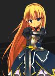  &gt;:/ 1girl armor armored_dress blonde_hair blue_eyes choker exrail gauntlets hands_on_hilt long_hair looking_at_viewer original solo sword weapon 