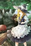  1girl apron blonde_hair bow braid broom directional_arrow dress forest futago hair_bow hat hat_bow highres kirisame_marisa long_hair long_sleeves looking_at_viewer nature signpost single_braid smile solo touhou turtleneck vest waist_apron wavy_hair witch_hat yellow_eyes 